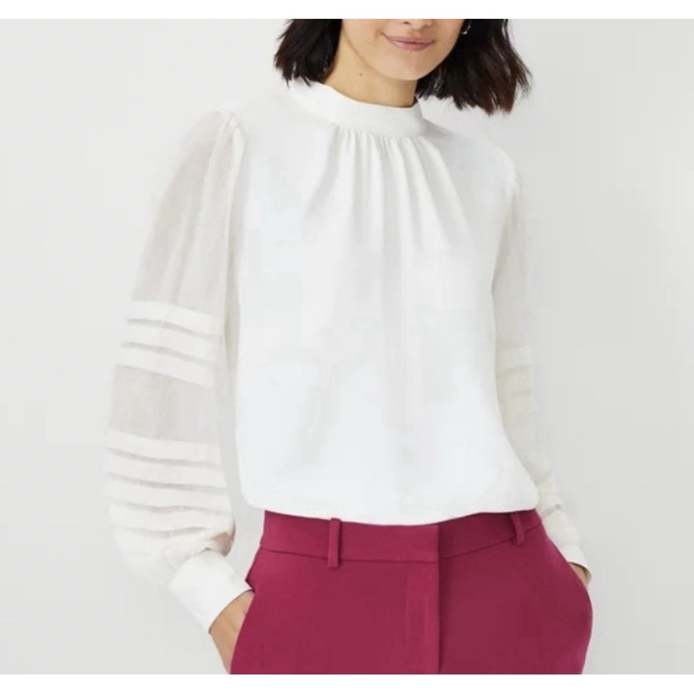 Vtg 80s Ann Taylor Mock Neck Blouse Sz M Ivory Pleated Sheer Sleeve Career City